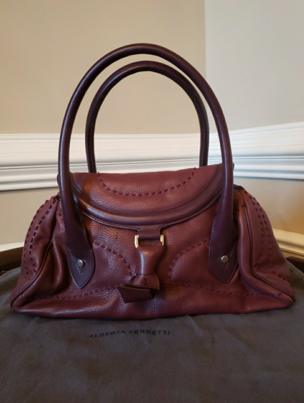 Alberta Ferretti Burgundy Leather Bowler Satchel